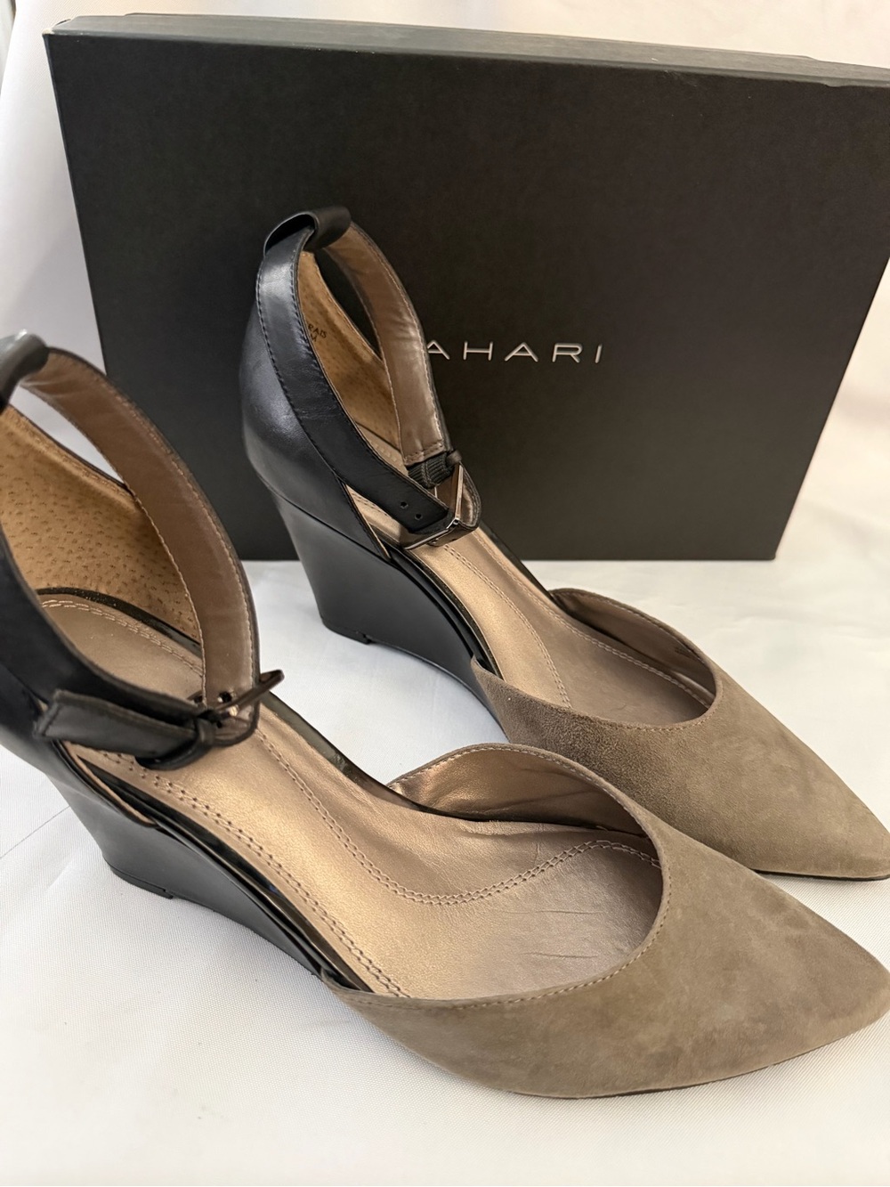 Tahari Two-Tone Taupe and Black Wedge Mary Jane